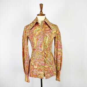 Vintage 70s button up blouse pointed collar psychedelic pattern 60s 70s Size XS